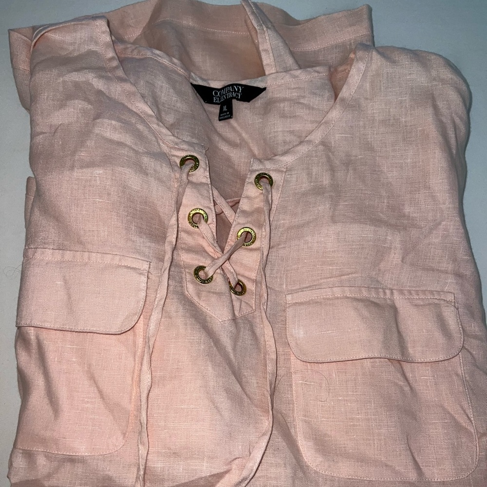 Ellen Tracy Blush Pink Lace-Up Linen Top